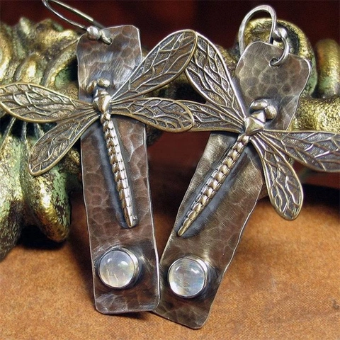 Vintage Dragonfly Dangle Earrings Antique Metal Hammered Moonstone Inlaid Retro Jewelry Women