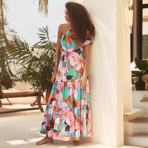 One Shoulder Floral Maxi Dress Bohemian Summer Beach Vacation Tiered Hem Polyester High Waist A-Line Casual For Women