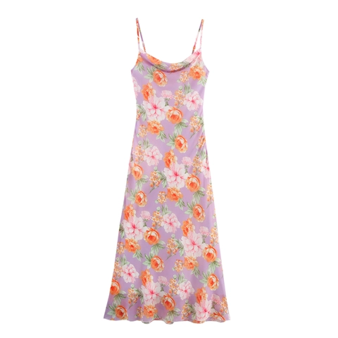 Blumenprint Cowl Neck Spaghettiträger Maxikleid Rückenfrei Satin Ärmellos Slim Fit Elegant Lila Langes Kleid Damen