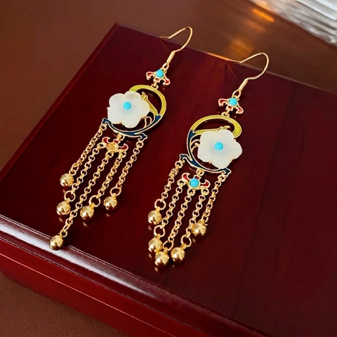 Vintage Gold Plated Enamel Flower Tassel Earrings With 925 Sterling Silver Earring Post Retro Elegant Style For Women