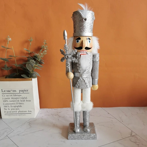 Wooden Nutcracker Soldier King Figurine Glitter Velvet Christmas Ornament Standing Desktop Decoration Holiday Gift