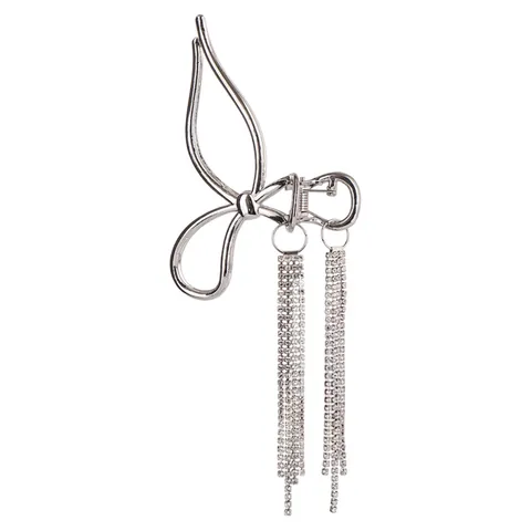 Elegante Molletta Per Capelli A Farfalla In Metallo Con Lunghe Nappine Di Strass Lega Argento Accessorio Vintage Donna