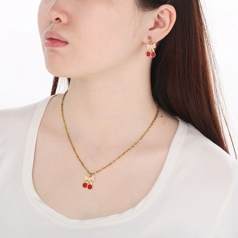 Cherry Necklace And Earrings Jewelry Stainless Steel Enamel Sweet Fruit Theme Fashion Accessory For Women
