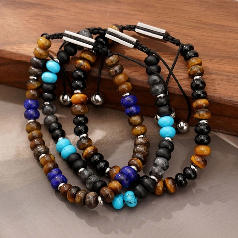 Beaded Bracelet Men Natural Stone Tiger Eye Lapis Lazuli Adjustable Rope Stainless Steel Magnetic Clasp Vintage Jewelry
