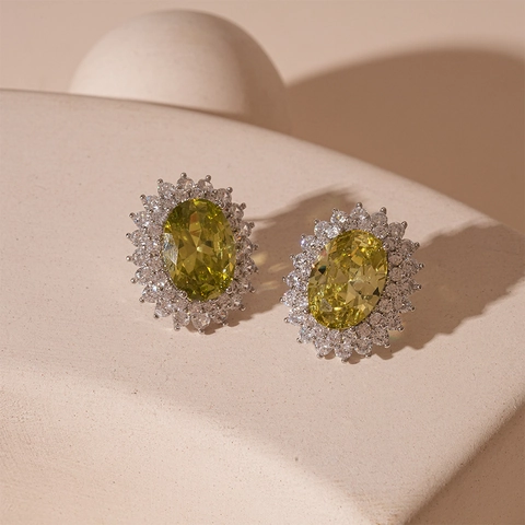 Vintage Oval Geometric Stud Earrings With Zircon Copper Body And Silver Earring Post French Style Luxury For Women