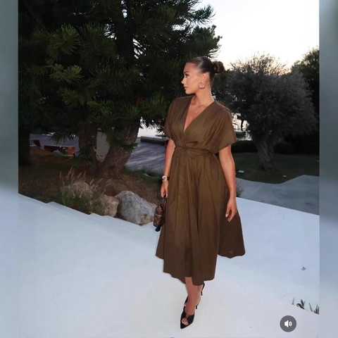 Vestido Midi Mujer Cuello En V Poliéster Manga Corta Cintura Con Cordón Color Sólido Elegante Casual Vestido Tejido Damas