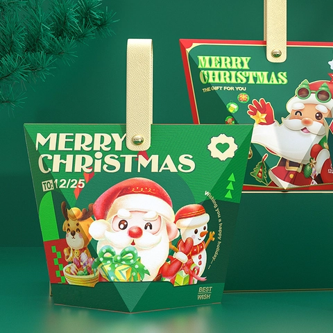 Sacchetto Regalo Di Natale In Cartone Scatola Di Caramelle Con Manico In Pelle PU Motivo Babbo Natale Cartone Animato