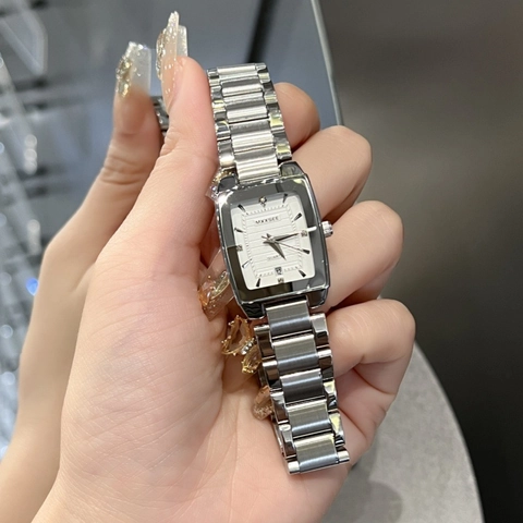 Women's Square Silver Quartz Watch With Calendar Stainless Steel Clasp Alloy Strap Waterproof Rhinestone Ladies Dress Watch