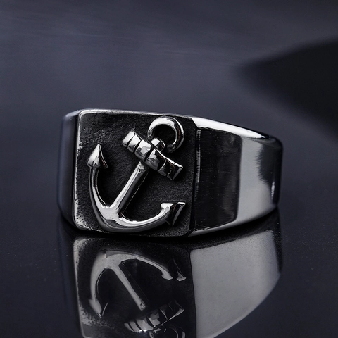 Vintage Anchor Signet Ring Men Stainless Steel Nautical Sailor Hip Hop High Street Jewelry Polished Band