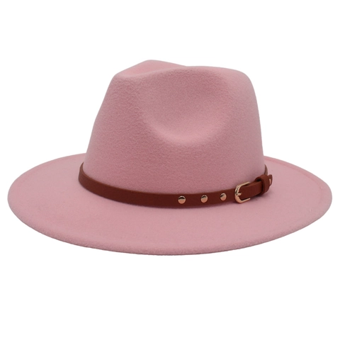 Wide Brim Fedora Hat Woolen Felt With Studded Leather Belt Retro Elegant Jazz Style For Men Women