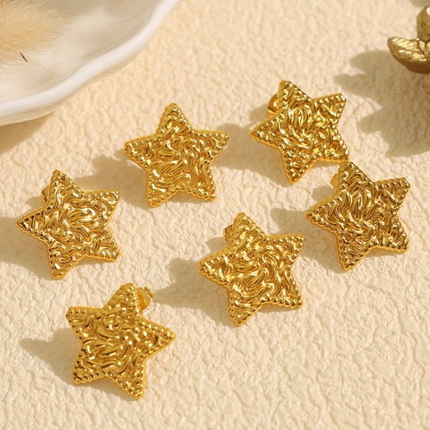 Pendientes De Botón De Estrella Retro Franceses Textura Martillada Geométrica Acero Inoxidable Joyas Mujeres Minimalista Oro