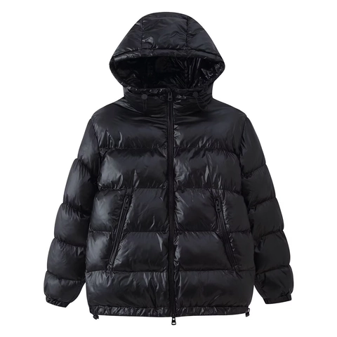 Women Shiny Puffer Jacket Hooded Glossy Quilted Coat Zipper Pockets Drawstring Hem Warm Winter Outerwear