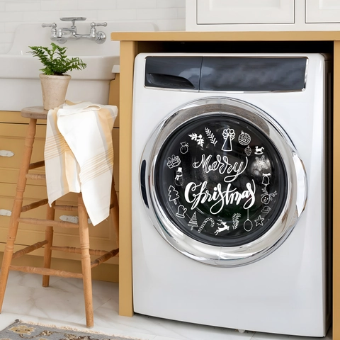 Adesivo da Parete Merry Christmas Renna Fiocco di Neve PVC Impermeabile per Porta Lavatrice Decorazione Casa Bianco