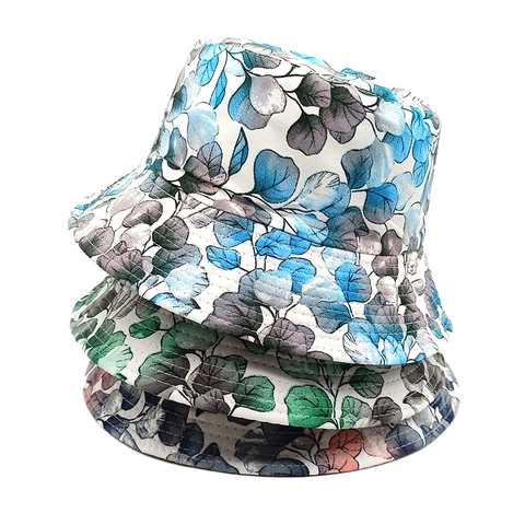 Omkeerbare Vissershoed Met Plantenbladprint Polyester Zonbescherming Opvouwbaar Vintage Casual Outdoor Zonnekap Dames Heren