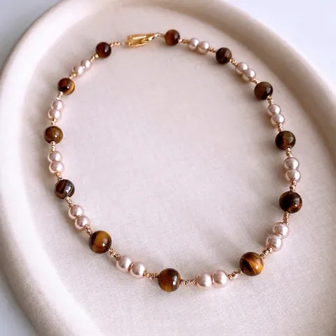 Collar De Cuentas Piedra Ojo De Tigre Imitación Perla Artificial Cobre Zircón Retro Lujo Estilo Joyería Para Mujeres
