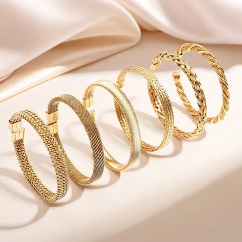 Woven Mesh Bangle Bracelet 304 Stainless Steel 18K Gold Plated Twisted Rope Open Cuff Minimalist Fashion Jewelry Women