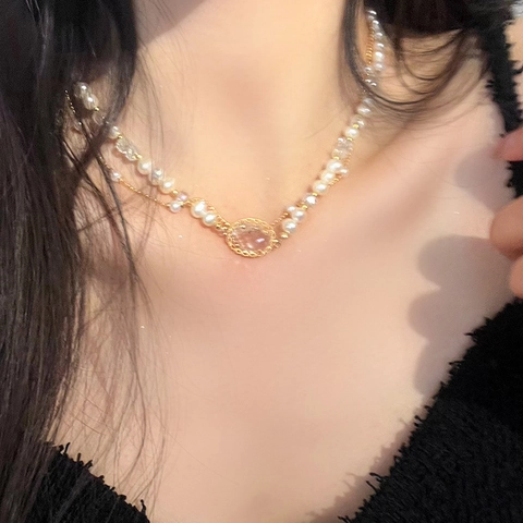 Elegant Double Layer Artificial Pearl Rhinestone Necklace For Women Gold Plated Alloy Crystal Pendant Clavicle Chain Jewelry Gift