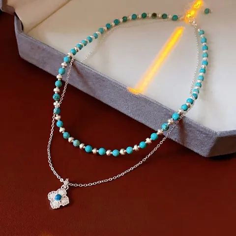 Collana Doppia Strato Etnica Retrò Con Catena In Rame Ciondolo Trifoglio Fiore In Zircone E Perle Di Turchese
