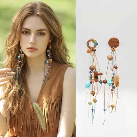 Bohemian Long Tassel Earrings Wood Beads Natural Stones Beaded Ethnic Vintage Jewelry With Silver Earring Post