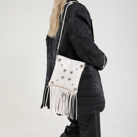 Borsa A Spalla In Pelle PU Da Donna Con Frange Lunghe E Borchie Argentate Borsa A Tracolla Piccola Quadrata Moda