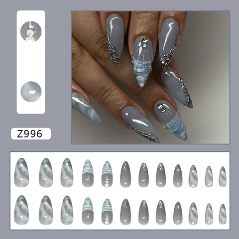 Französisch Blau Marmor Press On Nägel Mit 3D Silber Linien Und Straßsteinen Mandel Form Künstliche Fingernägel