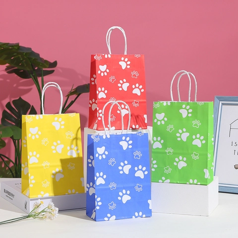 Paw Print Party Gift Bags Kraft Paper With Handles Colorful Treats Packaging For Birthday Celebration