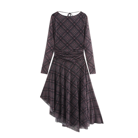 Plaid Maxi Kleid Langarm Hohe Taille Mesh Polyester Unregelmäßiger Saum Rückenfrei Schnürung Retro Sexy Damen