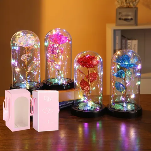 Rosa Eterna De Papel De Oro En Cúpula De Vidrio Luz LED De Colores Adorno De Flor Artificial Regalo Romántico San Valentín Hogar