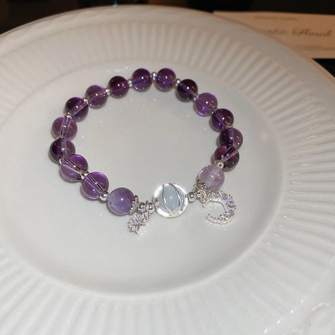 Beaded Bracelet Natural Stone Crystal Artificial Pearl Alloy Charm Elastic Retro Sweet Style Women Hand Jewelry