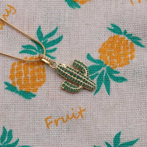 Cactus Pendant Necklace Copper Gold Plated Green White Zircon Snake Bone Chain Fashion Jewelry For Women Elegant Charm