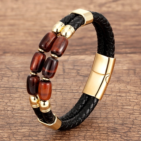 Men Double Layer Bracelet Braided Leather Tiger Eye Stone Stainless Steel Magnetic Clasp Fashion Jewelry Gift For Him