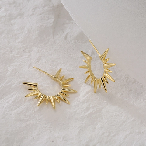 Sunburst Spiky Hoop Ohrringe Kupfer Vergoldet Mit 925 Sterling Silber Ohrstecker Irregulär Geometrisch Mode Schmuck