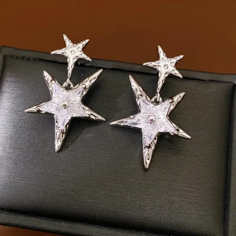 Orecchini Pendenti Pentagramma A Doppia Stella Con Zircone E Perno In Argento Rame Gioielli Eleganti