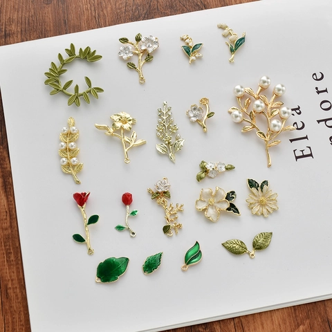 Blumen Blatt Charms Anhänger Legierung Emaille Tropföl Blumen Zweig Design DIY Schmuckherstellung Haarschmuck