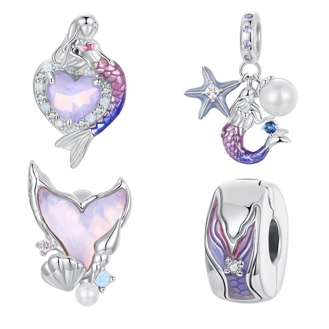 925 Sterling Silver Mermaid Charm Beads Ocean Theme Enamel Purple Zircon Artificial Pearl Pendant For DIY Bracelet Jewelry Making