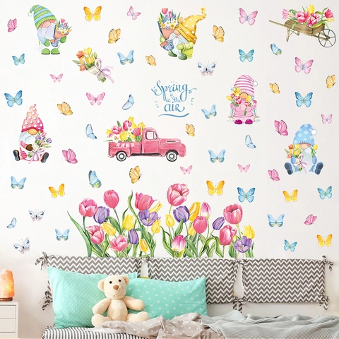 Spring Gnome Flower Butterfly Window Clings PVC Watercolor Self Adhesive Stickers For Glass Home Wall Decor