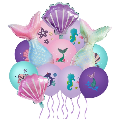 Ballons Fête Sirène Aluminium Queue Coquille Latex Imprimé Pour Anniversaire Enfant Sous La Mer Océan Célébration Style Macaron