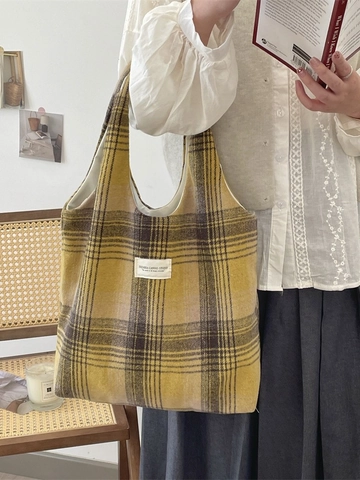 Sac Fourre-tout En Laine À Carreaux Vintage Grande Capacité Sac À Bandoulière Rétro Pour Femmes Étudiantes Décontracté