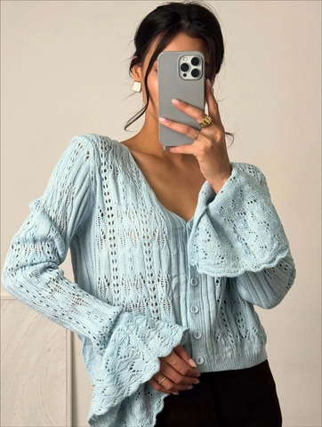 Cardigan En Maille Ajourée Col En V Manches Cloche Mélange Coton Polyester Top Court Femmes