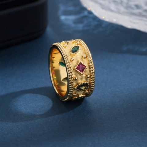 Vintage Court Style Wide Band Ring Gold Plated Copper Colorful Zircon Cubic Zirconia Textured Brushed Jewelry For Women