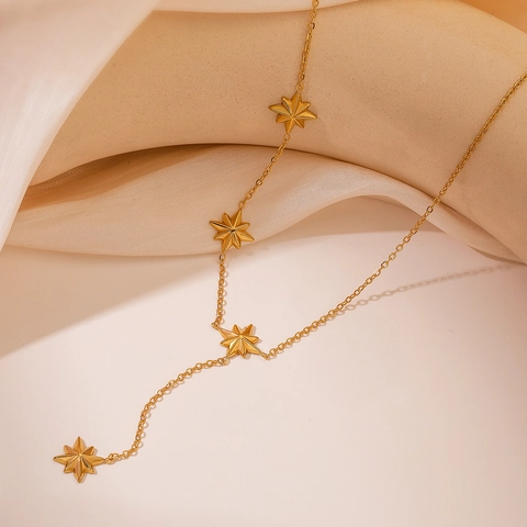 Collana Con Pendente Stella A Otto Punte E Bracciale Acciaio Inossidabile Placcato Oro 18 Carati Gioielli Per Donna