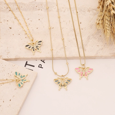 Collier Pendentif Papillon Cuivre Zircone Cubique Émail Inlay Chaîne Inoxydable Bijoux Pour Femmes