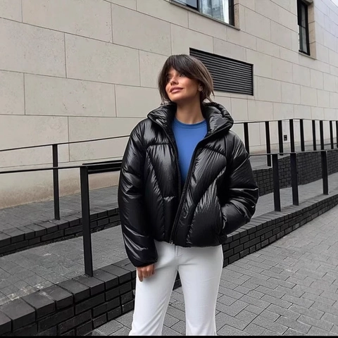 Women Metallic Glossy Puffer Jacket Hooded Zipper Short Padded Bread Coat Windproof Warm Outerwear Chic Streetwear