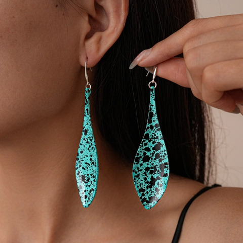 Vintage Boho Wassertropfen Blatt Ohrhänger Für Damen Bemalt Türkis Blau Schwarz Gefleckt Kupfer Eisen Schmuck