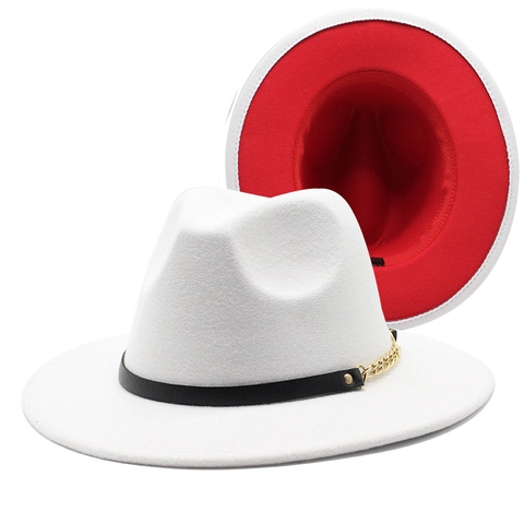 Kontrastfarbe Fedora Hut Wollfilz Breite Flache Krempe Goldkette Lederband Jazz Kappe Für Herren Damen