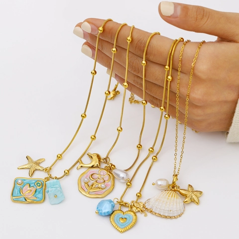 Gioielli Collana E Orecchini Acciaio Inossidabile Placcato Oro 18K Conchiglia Stella Marina Perla Artificial Smalto Stile Spiaggia Donna