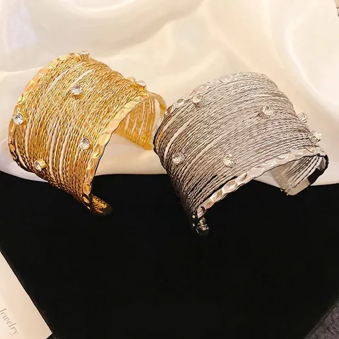 Wide Cuff Bracelet Alloy Multi-Layer Winding Hollow Out Rhinestone Open Adjustable Bohemian Fashion Jewelry For Women