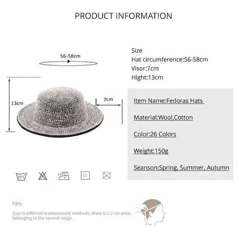 Rhinestone Fedora Hut Flache Krone Breite Krempe Glänzender Kristall Baumwoll Polyester Mix Für Bühne Party Retro