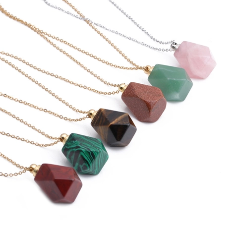 Natural Stone Perfume Bottle Pendant Necklace Stainless Steel O Chain Aromatherapy Essential Oil Diffuser Jewelry