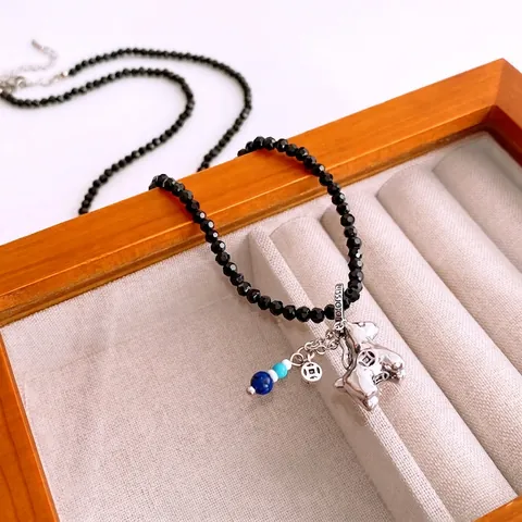 Collier Perles Vintage Avec Pendentif Cheval Perles De Verre Noires Cuivre Style Ethnique Longue Chaîne De Pull